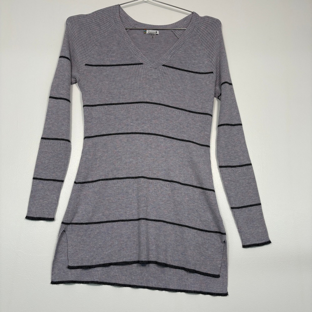 Smartwool Women Sweater S Purple Stripe Merino Blend VNeck Ribbed Tunic SW014097